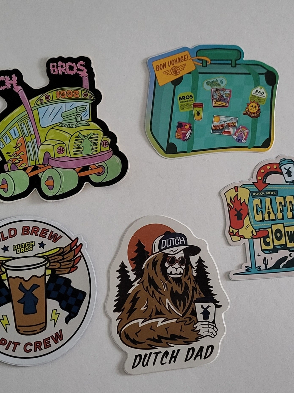 Dutch Bros Sticker Set - Dutch Dad, caffeine Cowboy, cold brew pit crew